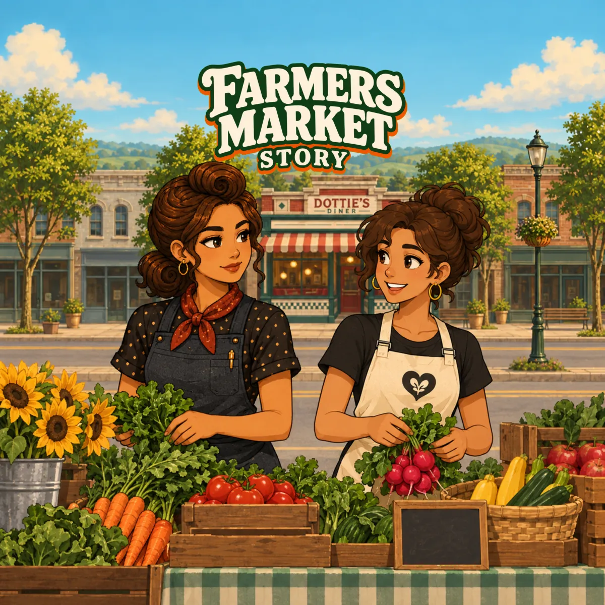 Farmers Market Story key art: Dottie and her market partner arranging fresh produce at a stall on Main Street, in front of Dottie's Diner