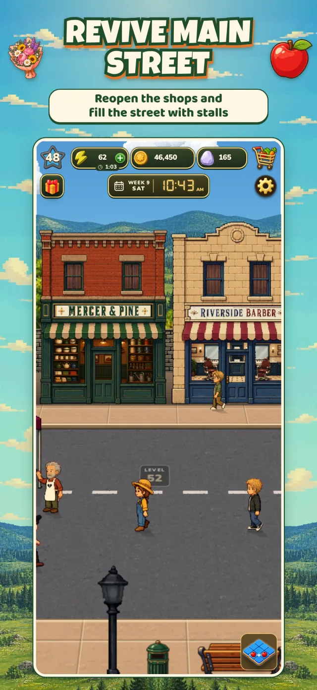 Main Street overworld with reopened storefronts