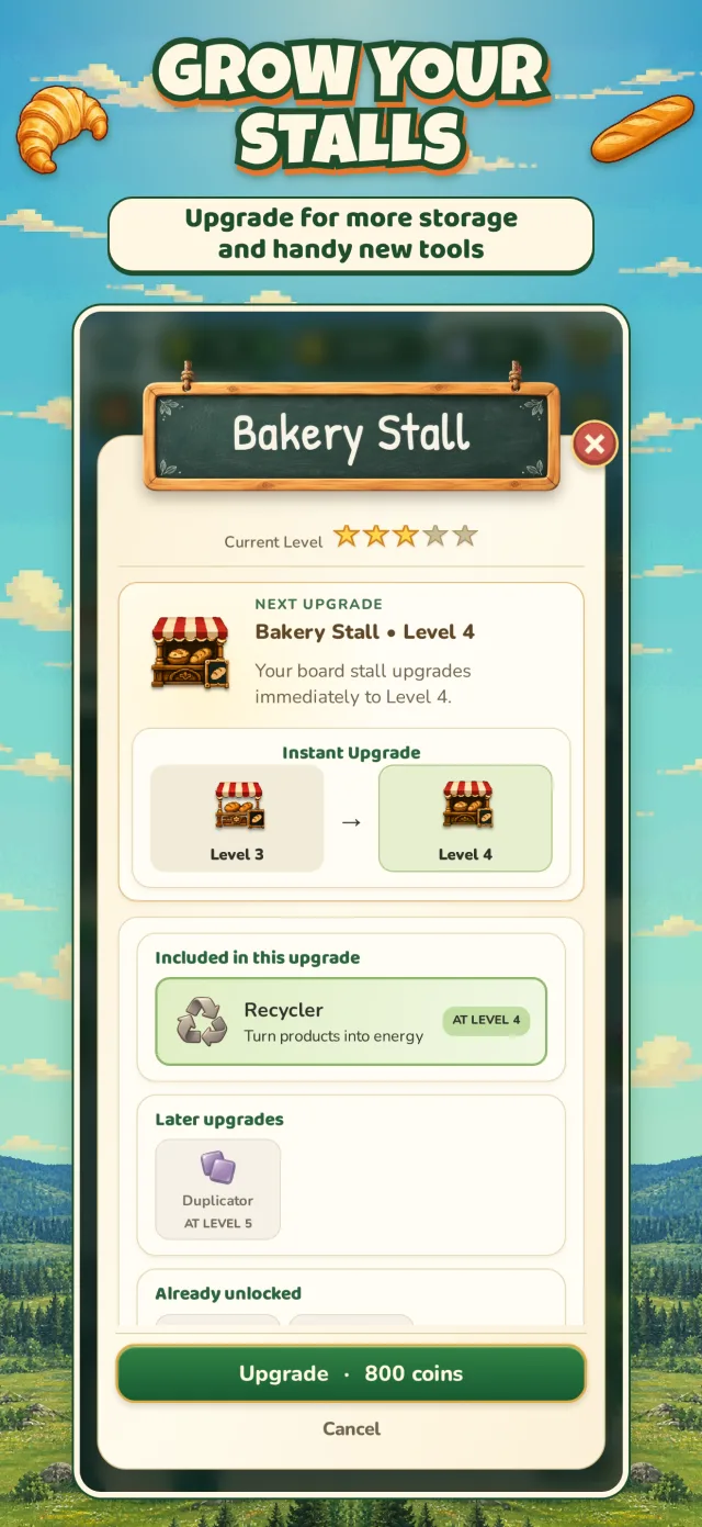 Stall upgrade screen for the Bakery Stall