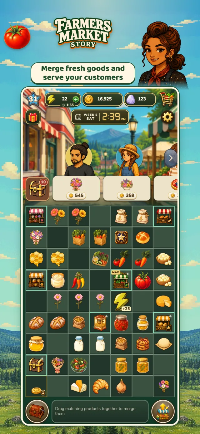 Merge board: matching products on a grid with customers waiting for orders